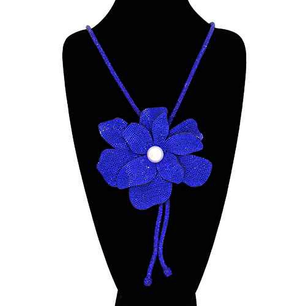 Sapphire Bling Studded Bolo Tie Pearl Flower Pendant Bold Statement Necklace
